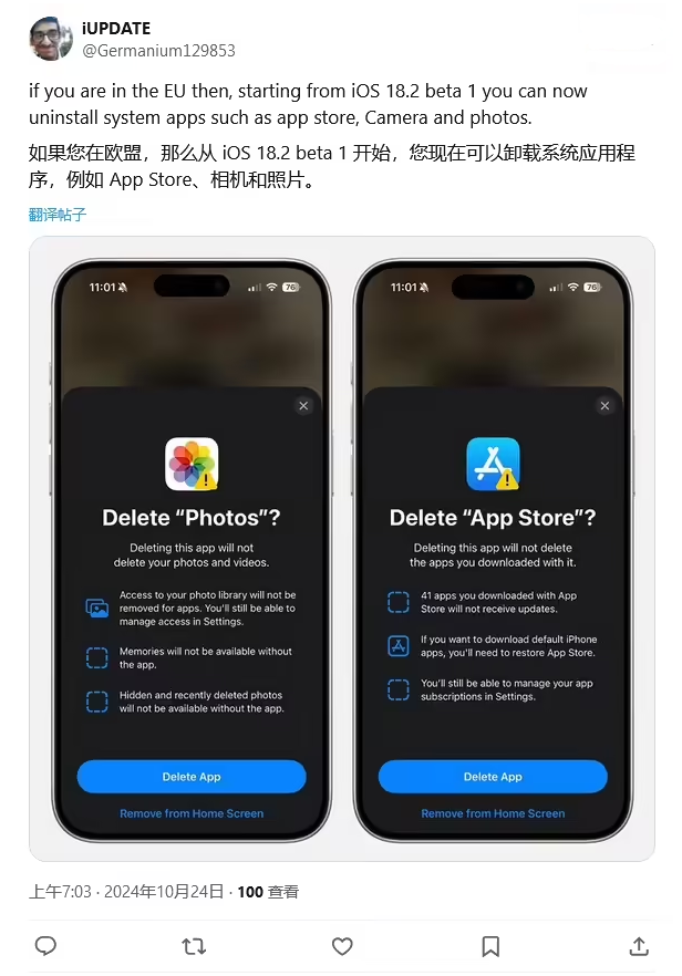 火炬开发区街道苹果手机维修分享iOS 18.2 支持删除 App Store 应用商店 